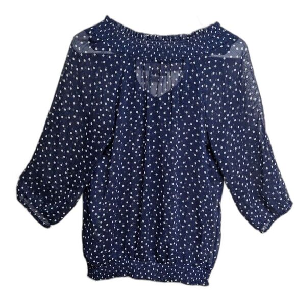Old Navy Top Women Small Polka Dot Sheer Navy Ruffled Off Shoulder Elastic Neck - Picture 8 of 10